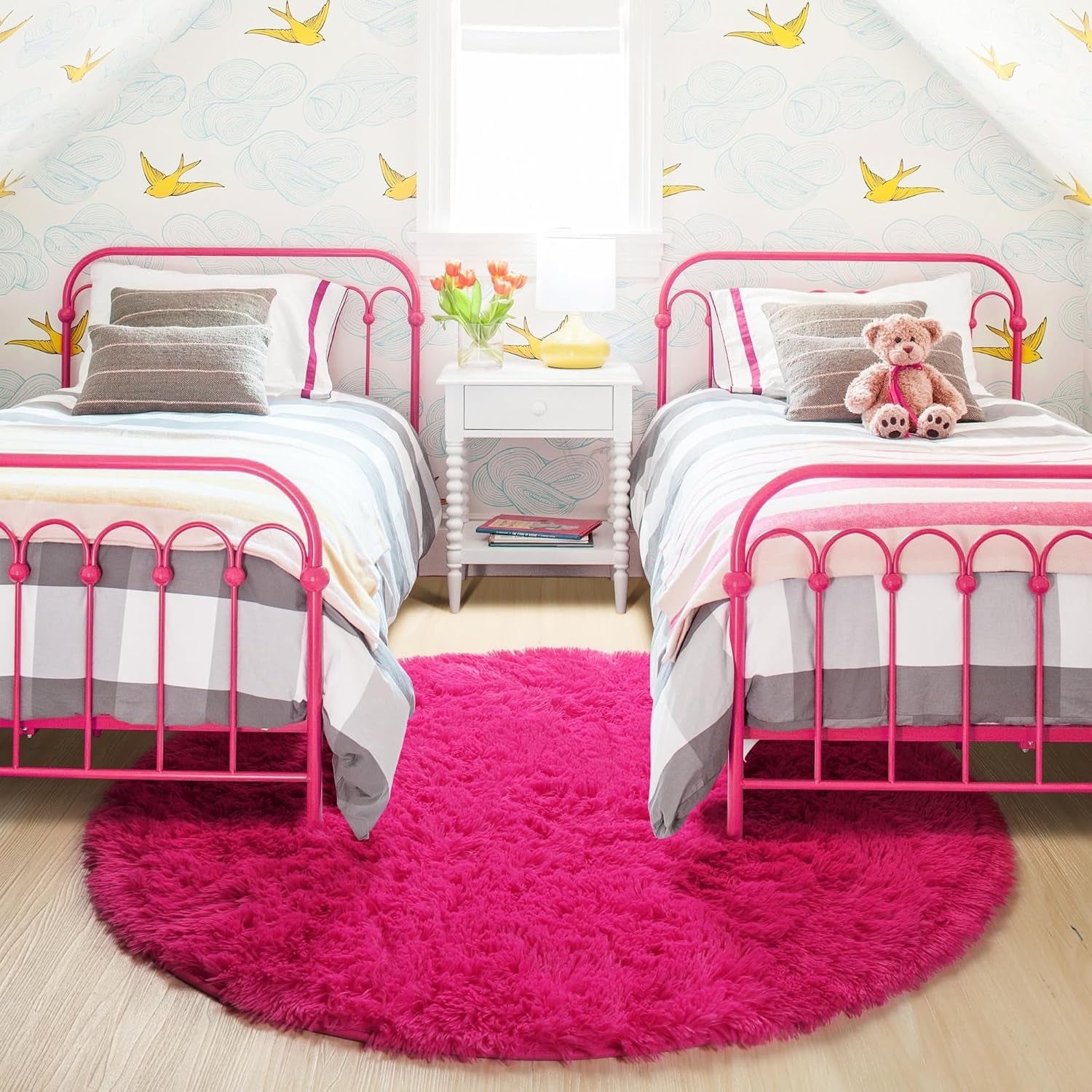 4Ft Hot Pink Round Rug - Fluffy Circle Area Rug for Girls' Bedroom, Aesthetic Shag Plush Carpet for Kids' Room, Living Room, Nursery, Dorm, Classroom, and Teen Spaces
