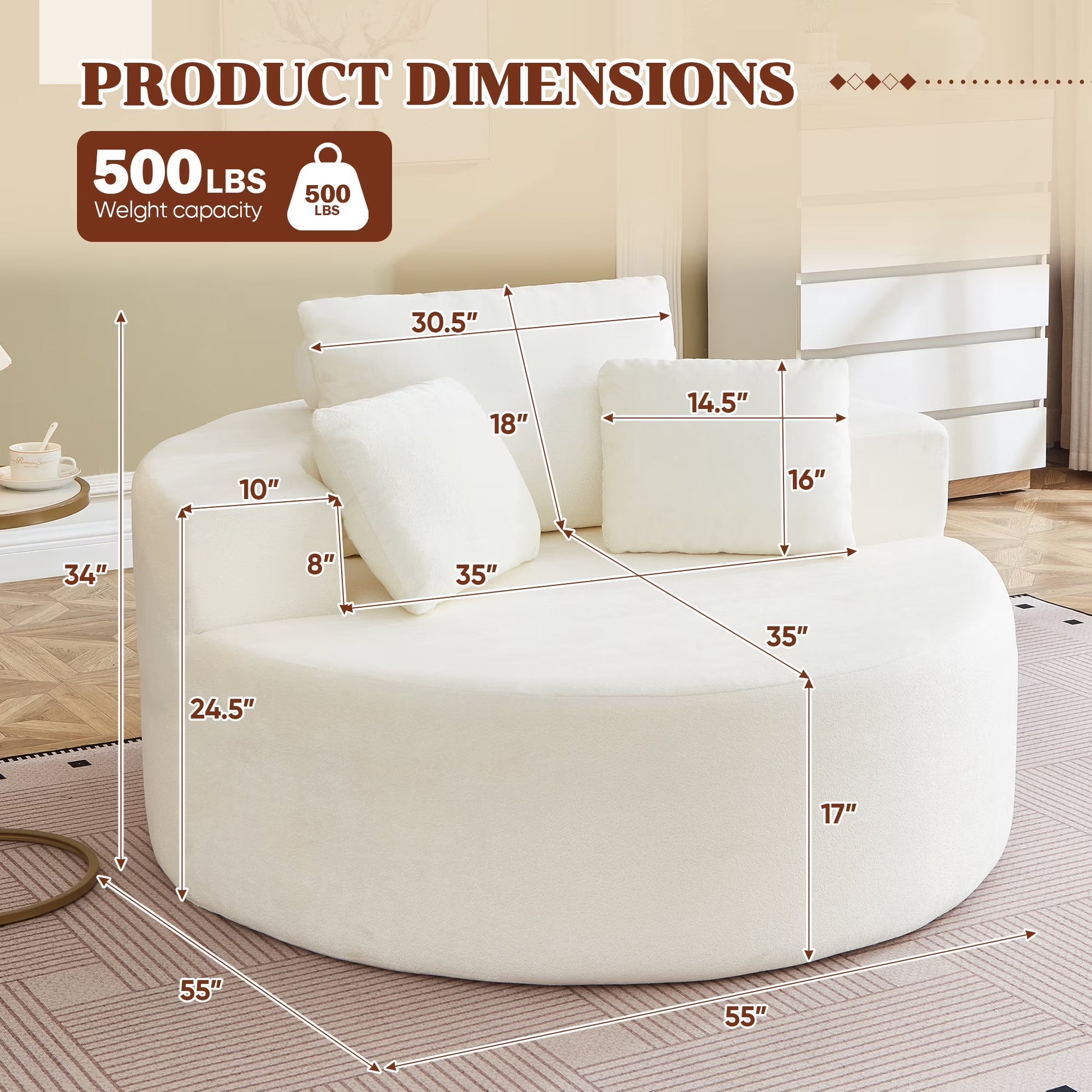 Oversized Round Lounge Chaise Chair - Corduroy Boneless Cloud Couch with 3 Pillows, No Assembly Required, Modern Accent Chair for Living Room in Beige Chenille
