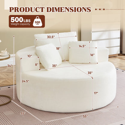 Oversized Round Lounge Chaise Chair - Corduroy Boneless Cloud Couch with 3 Pillows, No Assembly Required, Modern Accent Chair for Living Room in Beige Chenille