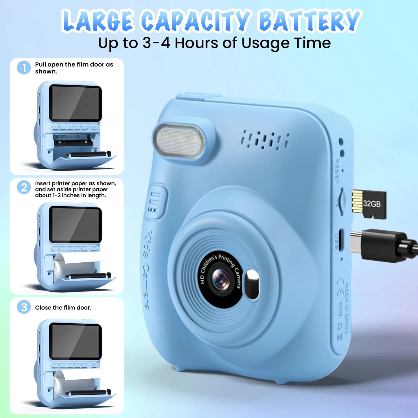 Instant Print Camera for Children, 3.0" HD 1080P Digital Video Instant Camera for Ages 3-12 - Blue