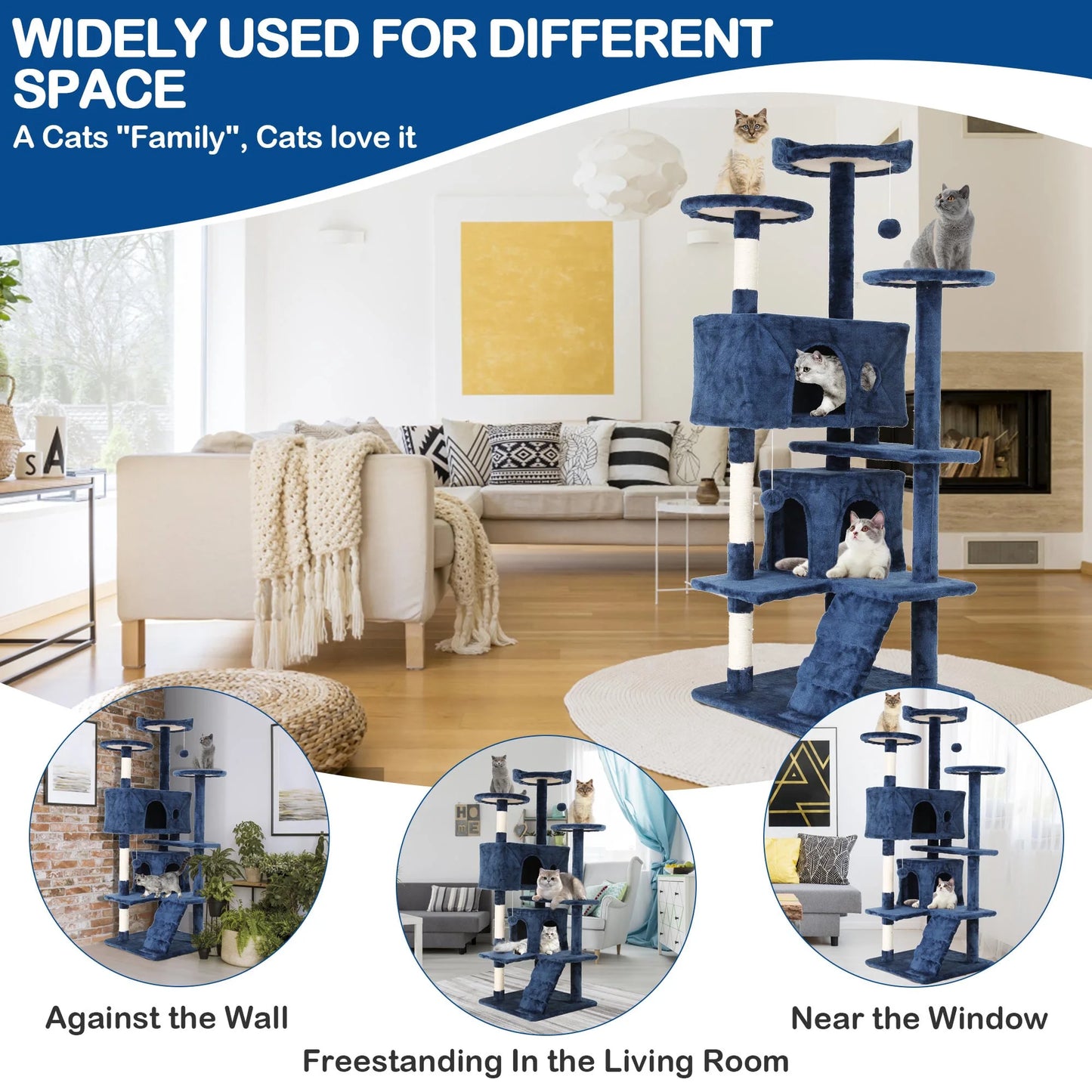 54-Inch Cat Tree Tower for Large Cats - Cat Climbing Structure with Scratching Post and Play Features for Kittens (Navy Blue)