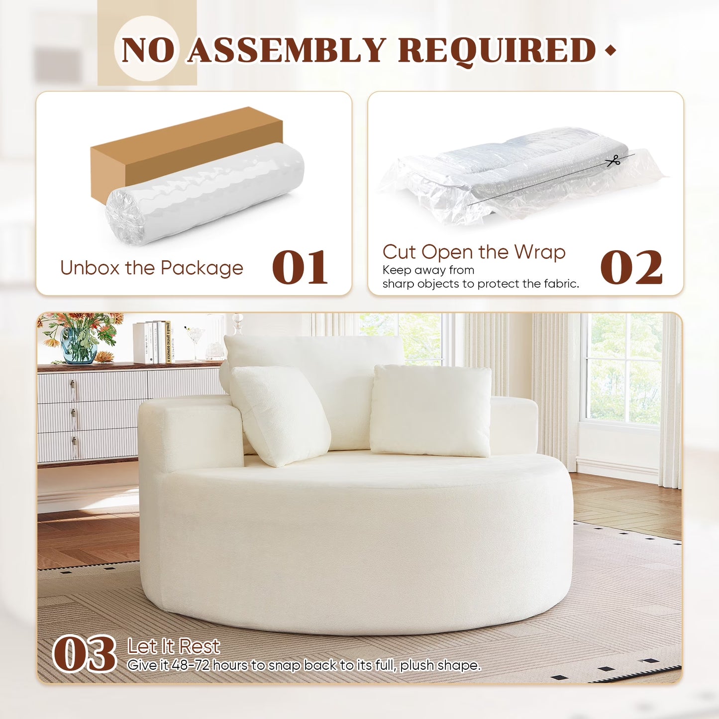 Oversized Round Lounge Chaise Chair - Corduroy Boneless Cloud Couch with 3 Pillows, No Assembly Required, Modern Accent Chair for Living Room in Beige Chenille