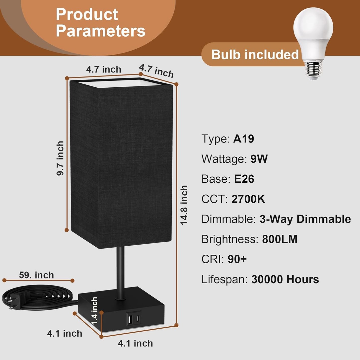 3-Way Dimmable Touch Control Table Lamp with USB Charging Ports - Black Nightstand Lamp for Bedroom, Living Room, and Desk, Includes Bulb
