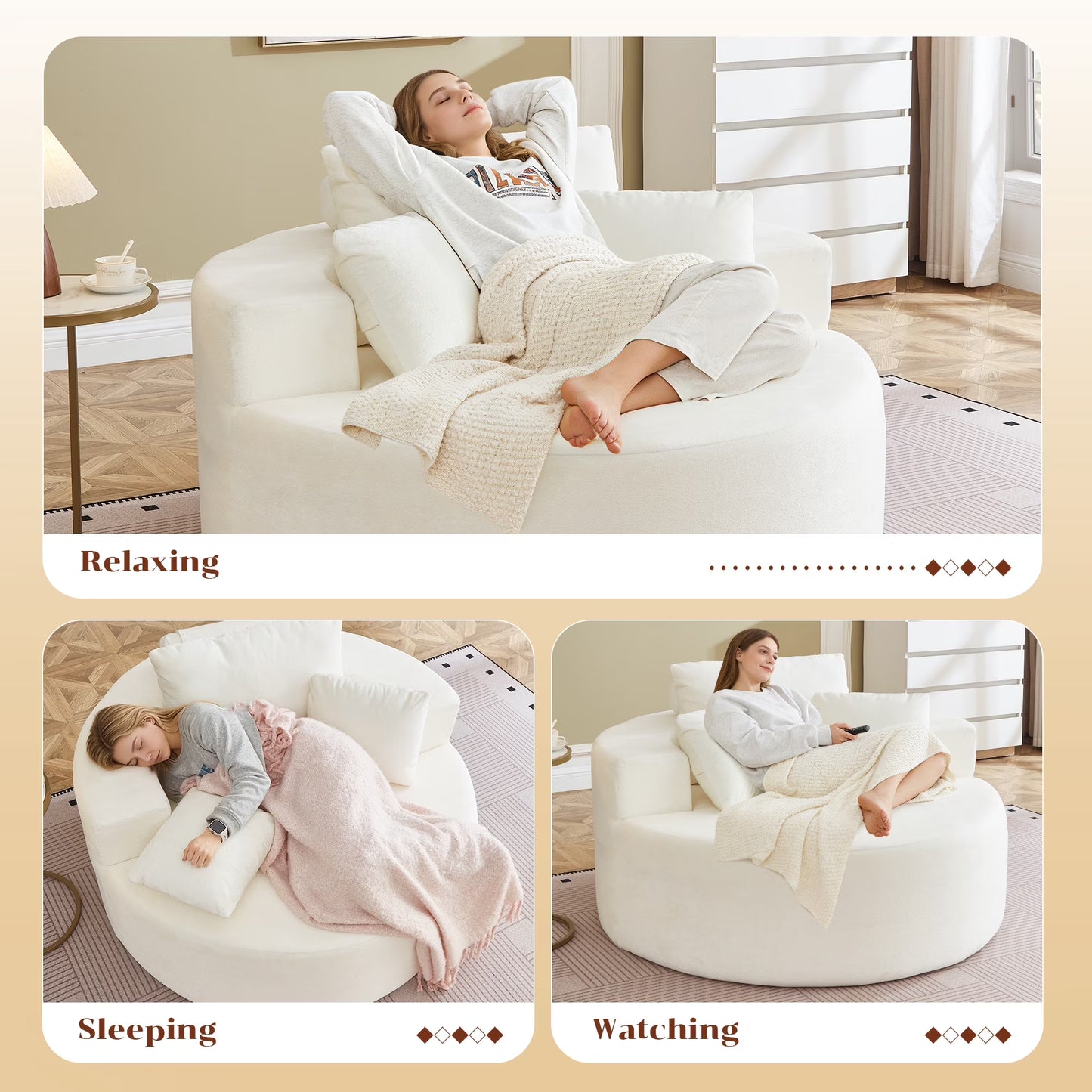 Oversized Round Lounge Chaise Chair - Corduroy Boneless Cloud Couch with 3 Pillows, No Assembly Required, Modern Accent Chair for Living Room in Beige Chenille