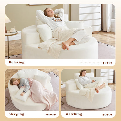 Oversized Round Lounge Chaise Chair - Corduroy Boneless Cloud Couch with 3 Pillows, No Assembly Required, Modern Accent Chair for Living Room in Beige Chenille