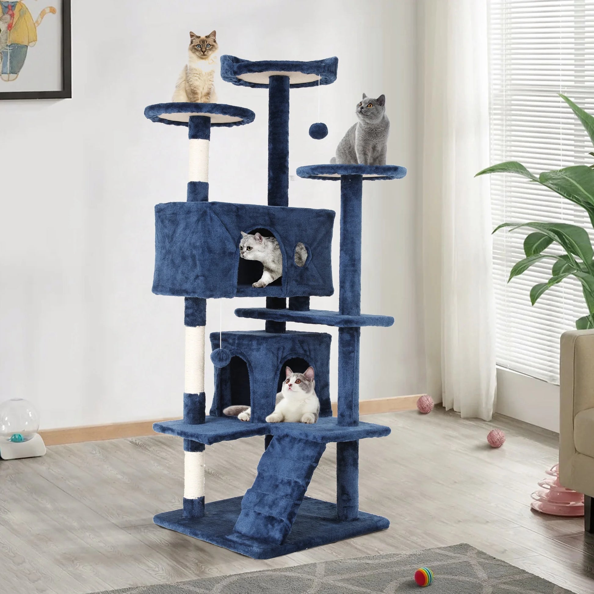 54-Inch Cat Tree Tower for Large Cats - Cat Climbing Structure with Scratching Post and Play Features for Kittens (Navy Blue)