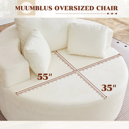 Oversized Round Lounge Chaise Chair - Corduroy Boneless Cloud Couch with 3 Pillows, No Assembly Required, Modern Accent Chair for Living Room in Beige Chenille
