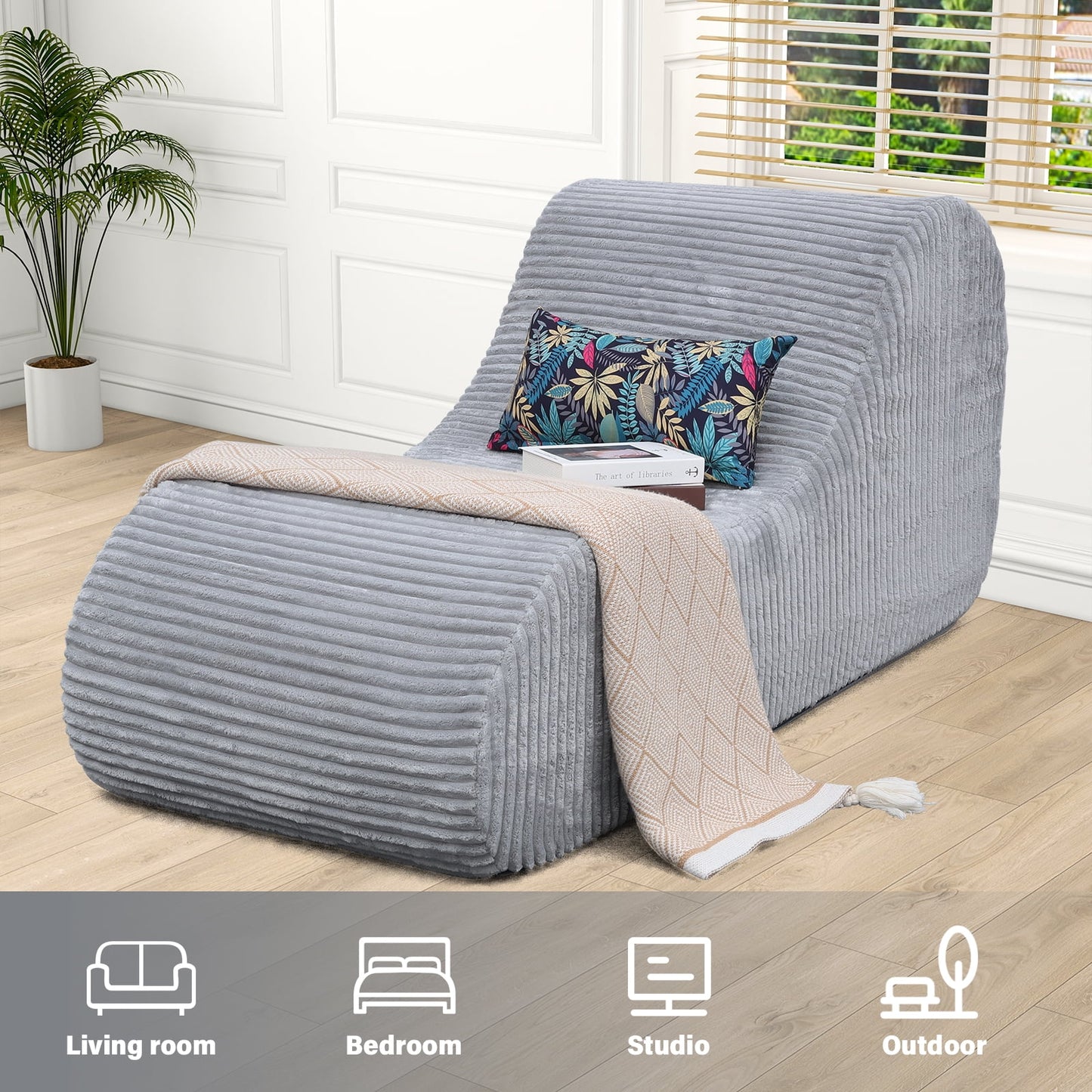 Oversized Gray Indoor Chaise Lounge Chair - Plush Sofa for Living Room and Bedroom, No Assembly Required