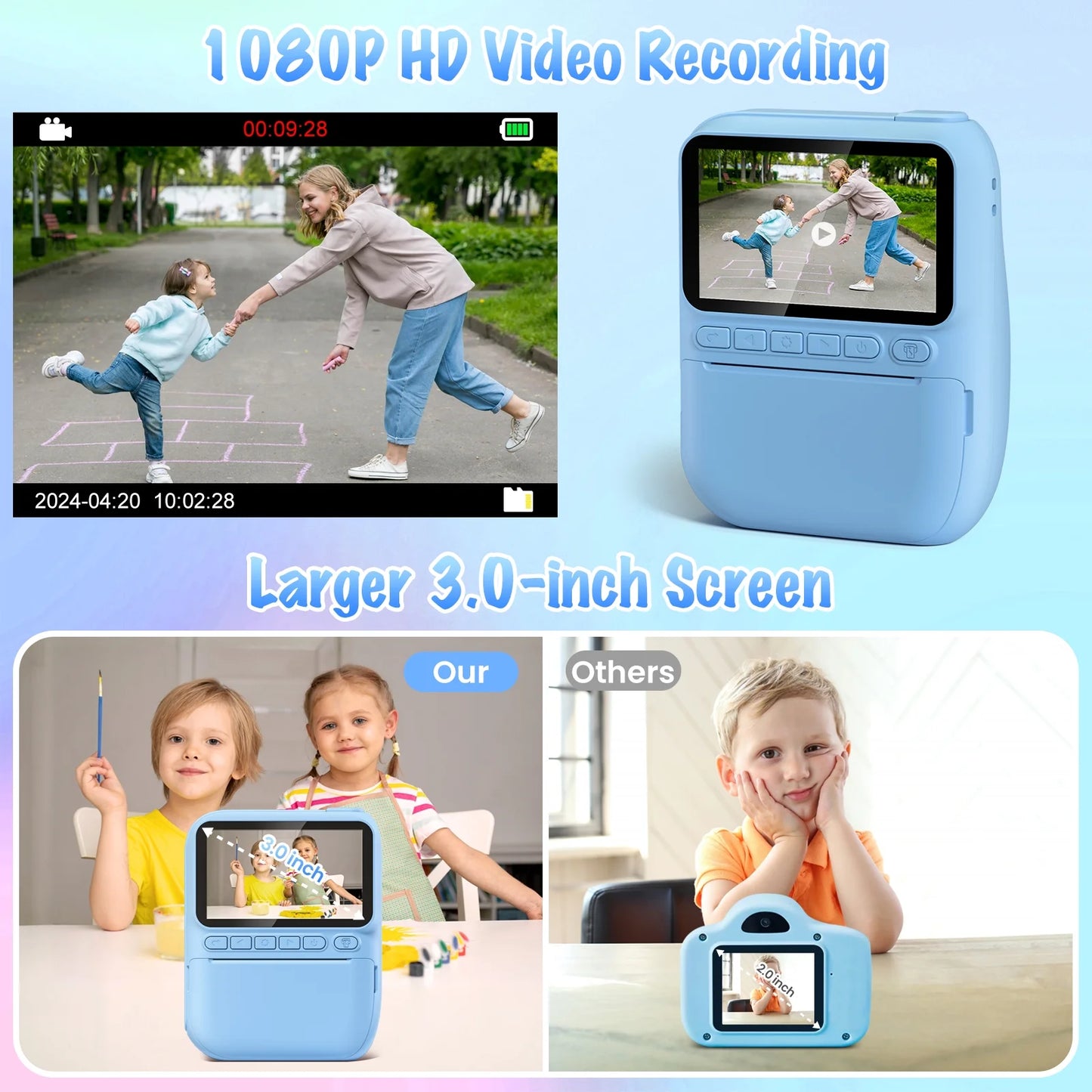 Instant Print Camera for Children, 3.0" HD 1080P Digital Video Instant Camera for Ages 3-12 - Blue