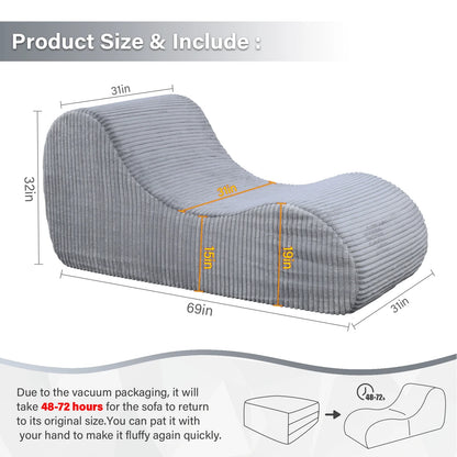 Oversized Gray Indoor Chaise Lounge Chair - Plush Sofa for Living Room and Bedroom, No Assembly Required