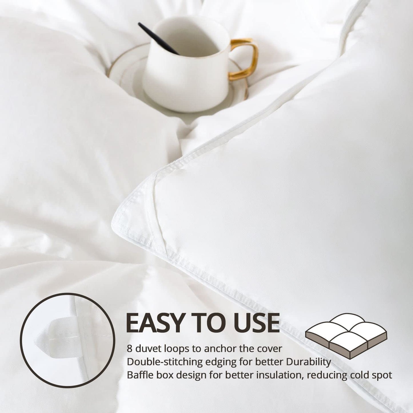 King Size Down Comforter - All-Season Duvet Insert with Medium Warmth, Soft Noiseless Shell, 8 Corner Tabs, and Machine Washable - White