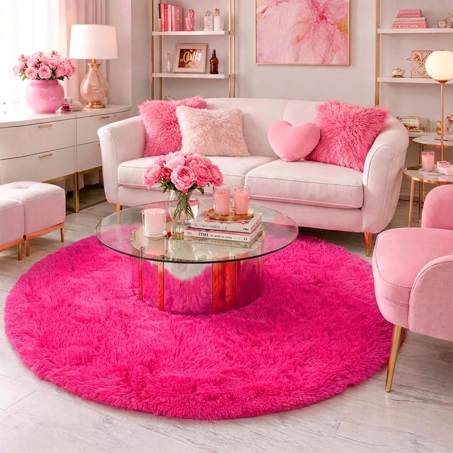 4Ft Hot Pink Round Rug - Fluffy Circle Area Rug for Girls' Bedroom, Aesthetic Shag Plush Carpet for Kids' Room, Living Room, Nursery, Dorm, Classroom, and Teen Spaces