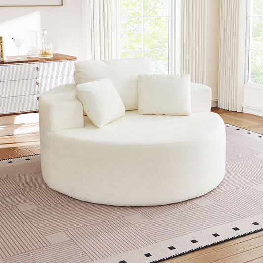 Oversized Round Lounge Chaise Chair - Corduroy Boneless Cloud Couch with 3 Pillows, No Assembly Required, Modern Accent Chair for Living Room in Beige Chenille