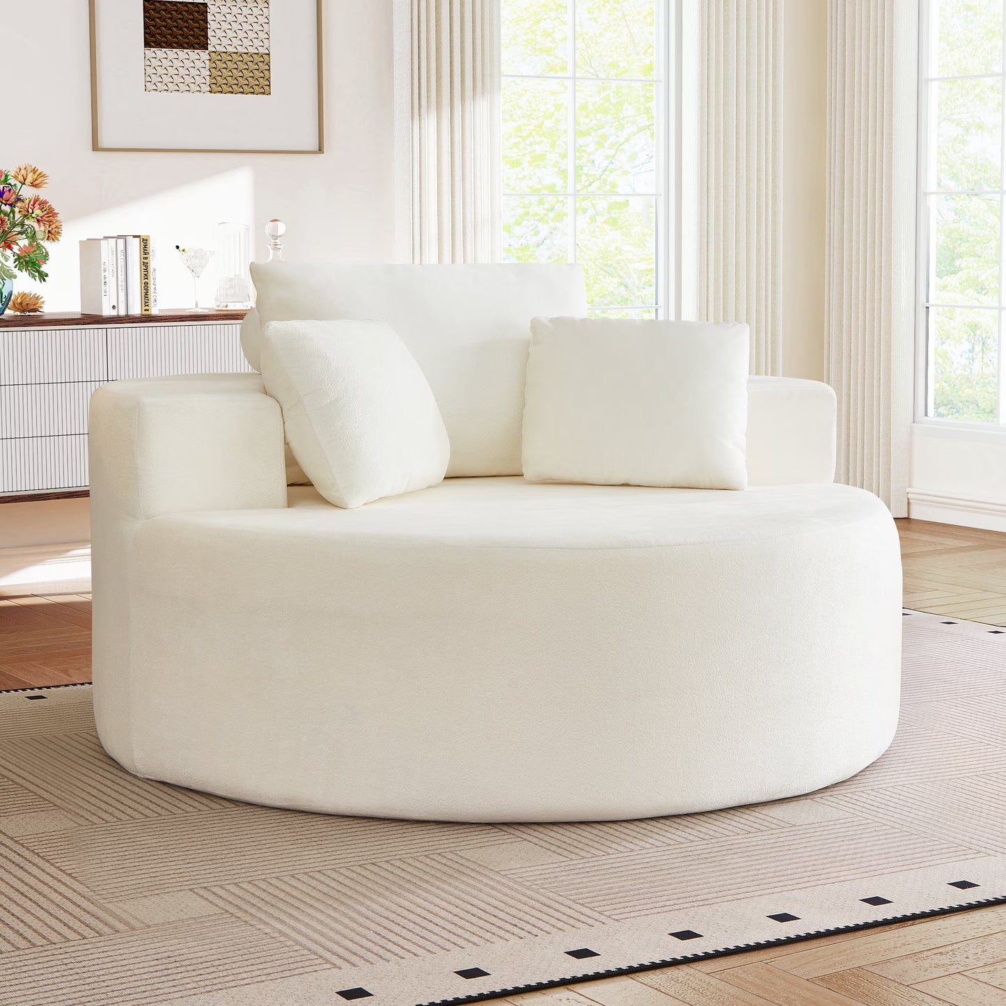 Oversized Round Lounge Chaise Chair - Corduroy Boneless Cloud Couch with 3 Pillows, No Assembly Required, Modern Accent Chair for Living Room in Beige Chenille