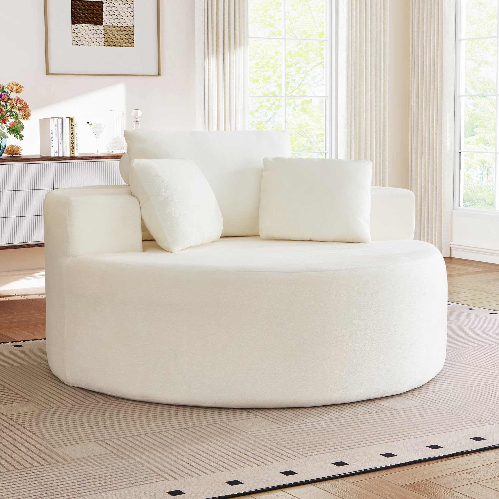 Oversized Round Lounge Chaise Chair - Corduroy Boneless Cloud Couch with 3 Pillows, No Assembly Required, Modern Accent Chair for Living Room in Beige Chenille