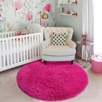 4Ft Hot Pink Round Rug - Fluffy Circle Area Rug for Girls' Bedroom, Aesthetic Shag Plush Carpet for Kids' Room, Living Room, Nursery, Dorm, Classroom, and Teen Spaces