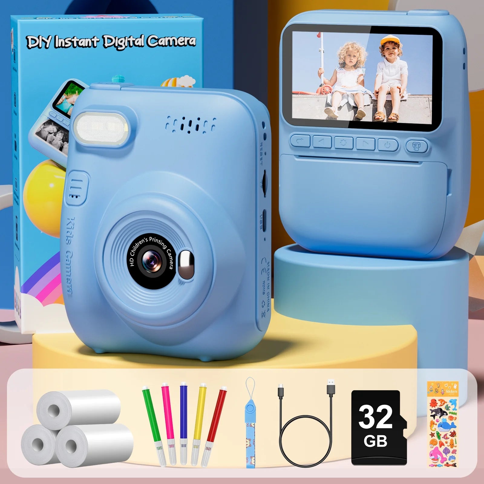 Instant Print Camera for Children, 3.0" HD 1080P Digital Video Instant Camera for Ages 3-12 - Blue