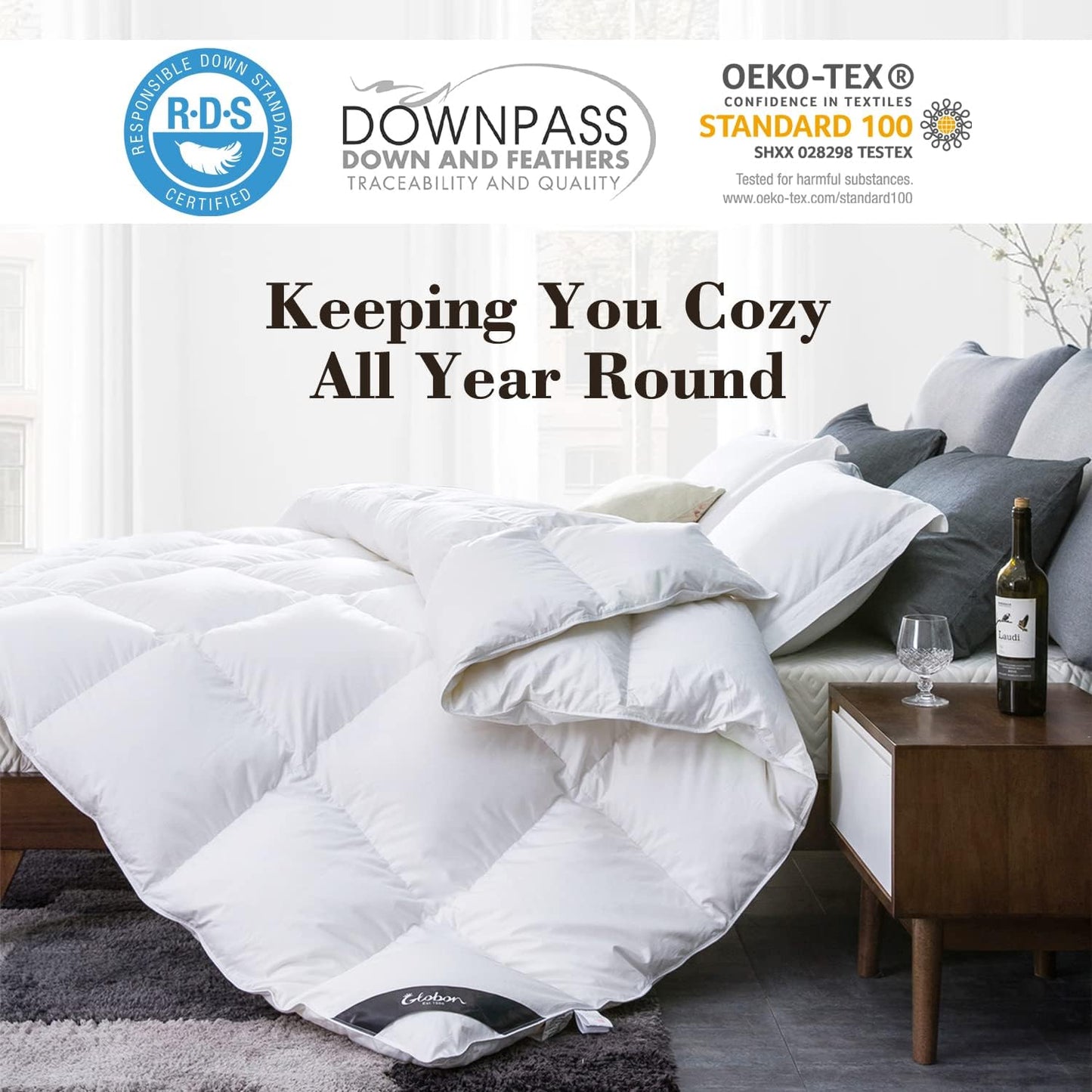 King Size Down Comforter - All-Season Duvet Insert with Medium Warmth, Soft Noiseless Shell, 8 Corner Tabs, and Machine Washable - White