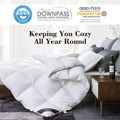 King Size Down Comforter - All-Season Duvet Insert with Medium Warmth, Soft Noiseless Shell, 8 Corner Tabs, and Machine Washable - White