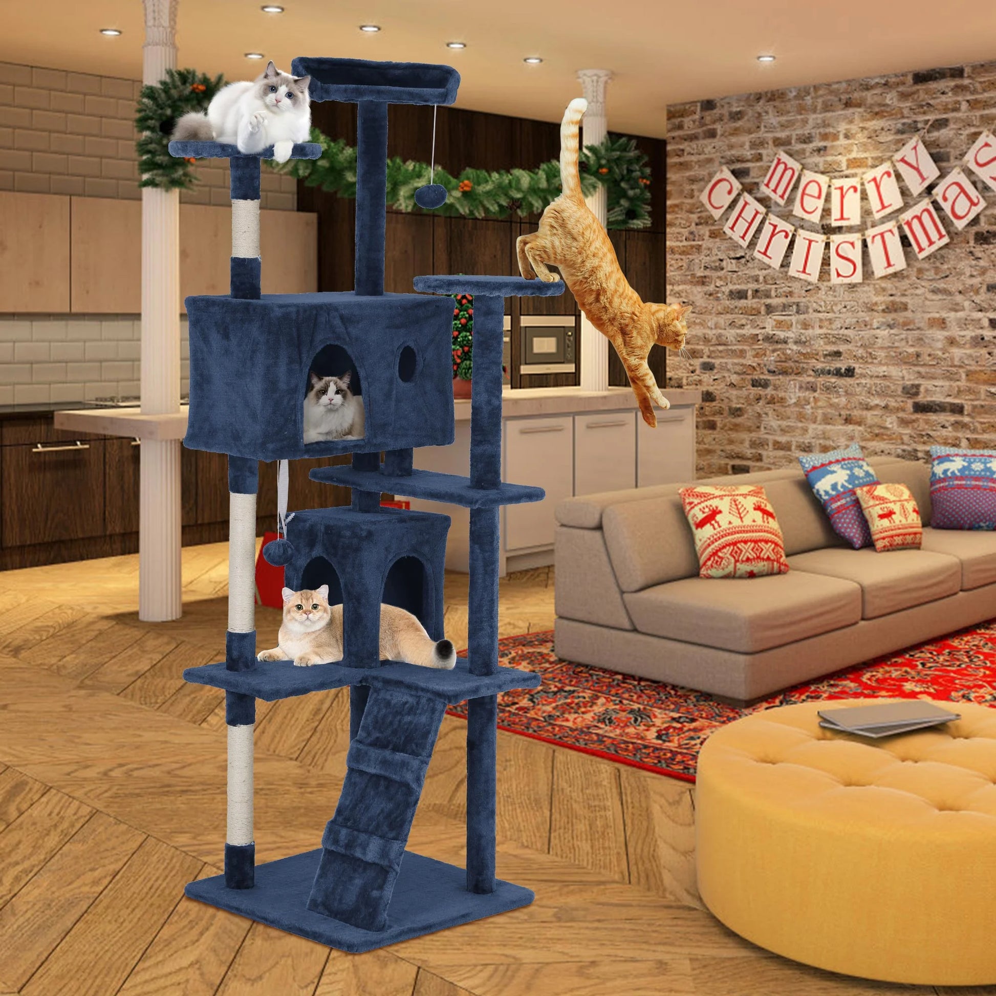 54-Inch Cat Tree Tower for Large Cats - Cat Climbing Structure with Scratching Post and Play Features for Kittens (Navy Blue)