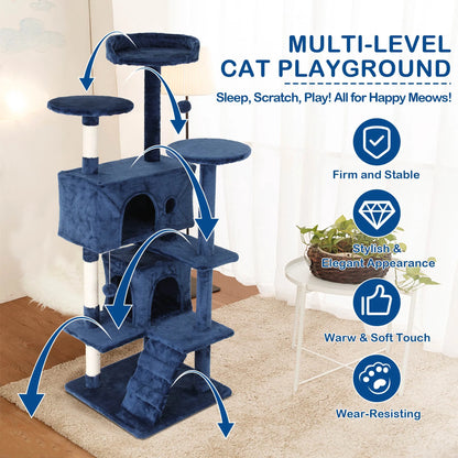 54-Inch Cat Tree Tower for Large Cats - Cat Climbing Structure with Scratching Post and Play Features for Kittens (Navy Blue)