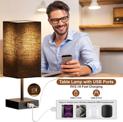 3-Way Dimmable Touch Control Table Lamp with USB Charging Ports - Black Nightstand Lamp for Bedroom, Living Room, and Desk, Includes Bulb