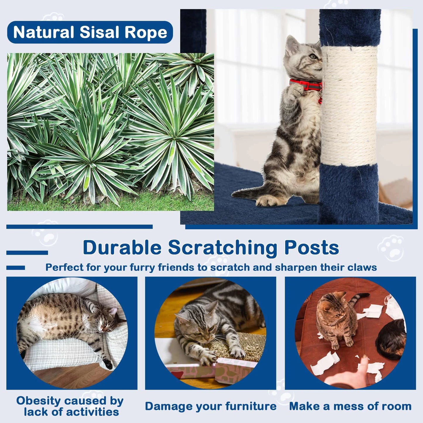 54-Inch Cat Tree Tower for Large Cats - Cat Climbing Structure with Scratching Post and Play Features for Kittens (Navy Blue)