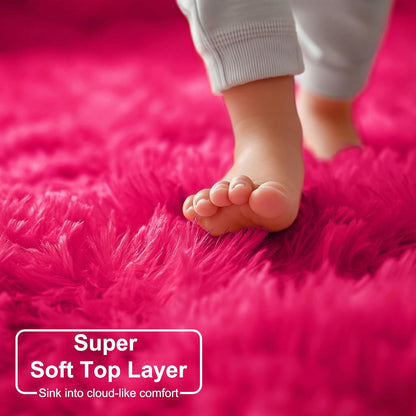4Ft Hot Pink Round Rug - Fluffy Circle Area Rug for Girls' Bedroom, Aesthetic Shag Plush Carpet for Kids' Room, Living Room, Nursery, Dorm, Classroom, and Teen Spaces