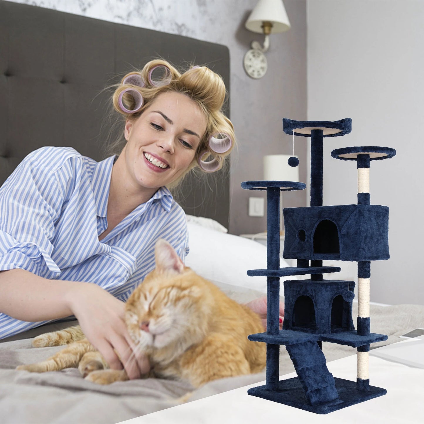 54-Inch Cat Tree Tower for Large Cats - Cat Climbing Structure with Scratching Post and Play Features for Kittens (Navy Blue)