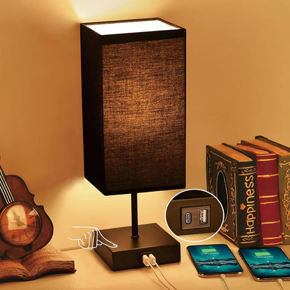 3-Way Dimmable Touch Control Table Lamp with USB Charging Ports - Black Nightstand Lamp for Bedroom, Living Room, and Desk, Includes Bulb