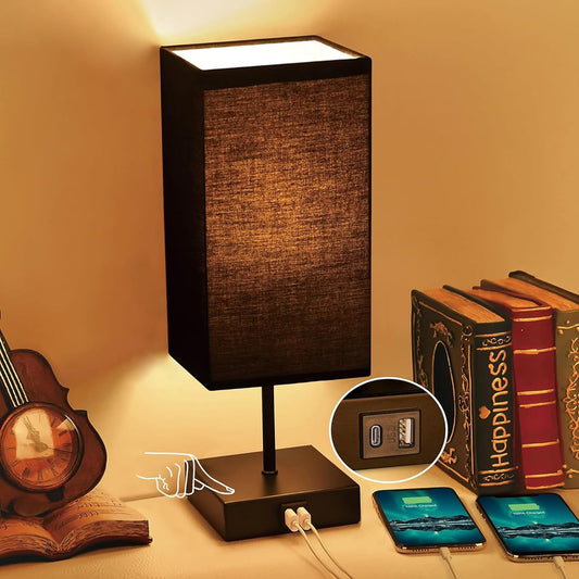 3-Way Dimmable Touch Control Table Lamp with USB Charging Ports - Black Nightstand Lamp for Bedroom, Living Room, and Desk, Includes Bulb