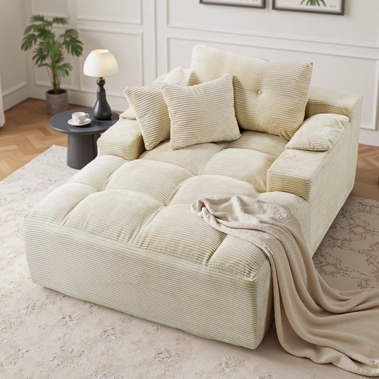 Oversized Indoor Chaise Lounge Chair, Plush Sleeper Sofa with Throw Pillows and Removable Armrest Pads, No Assembly Required, Cream
