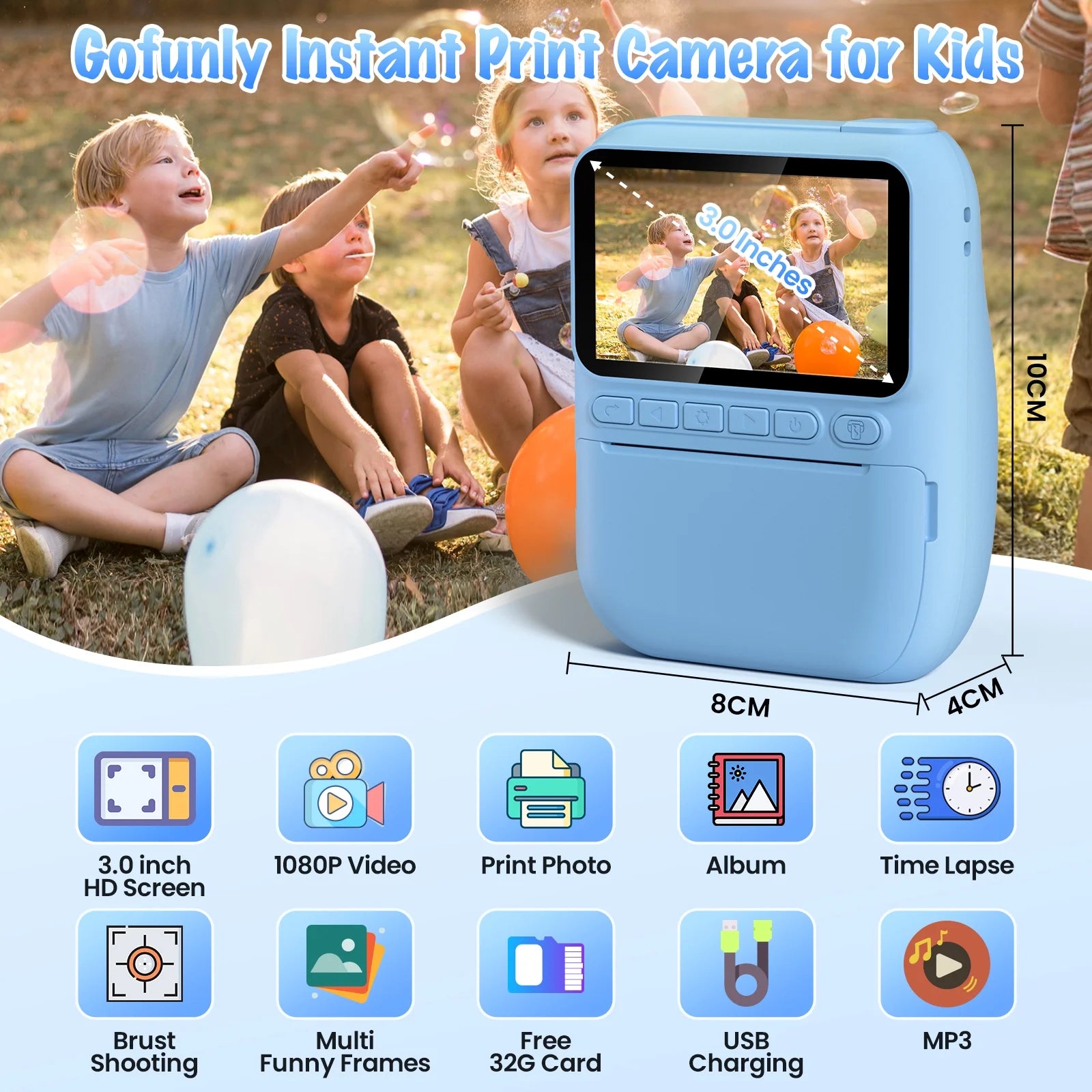 Instant Print Camera for Children, 3.0" HD 1080P Digital Video Instant Camera for Ages 3-12 - Blue