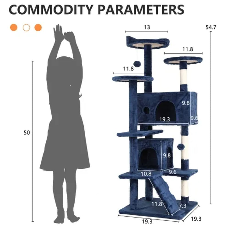 54-Inch Cat Tree Tower for Large Cats - Cat Climbing Structure with Scratching Post and Play Features for Kittens (Navy Blue)