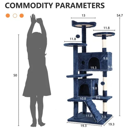54-Inch Cat Tree Tower for Large Cats - Cat Climbing Structure with Scratching Post and Play Features for Kittens (Navy Blue)