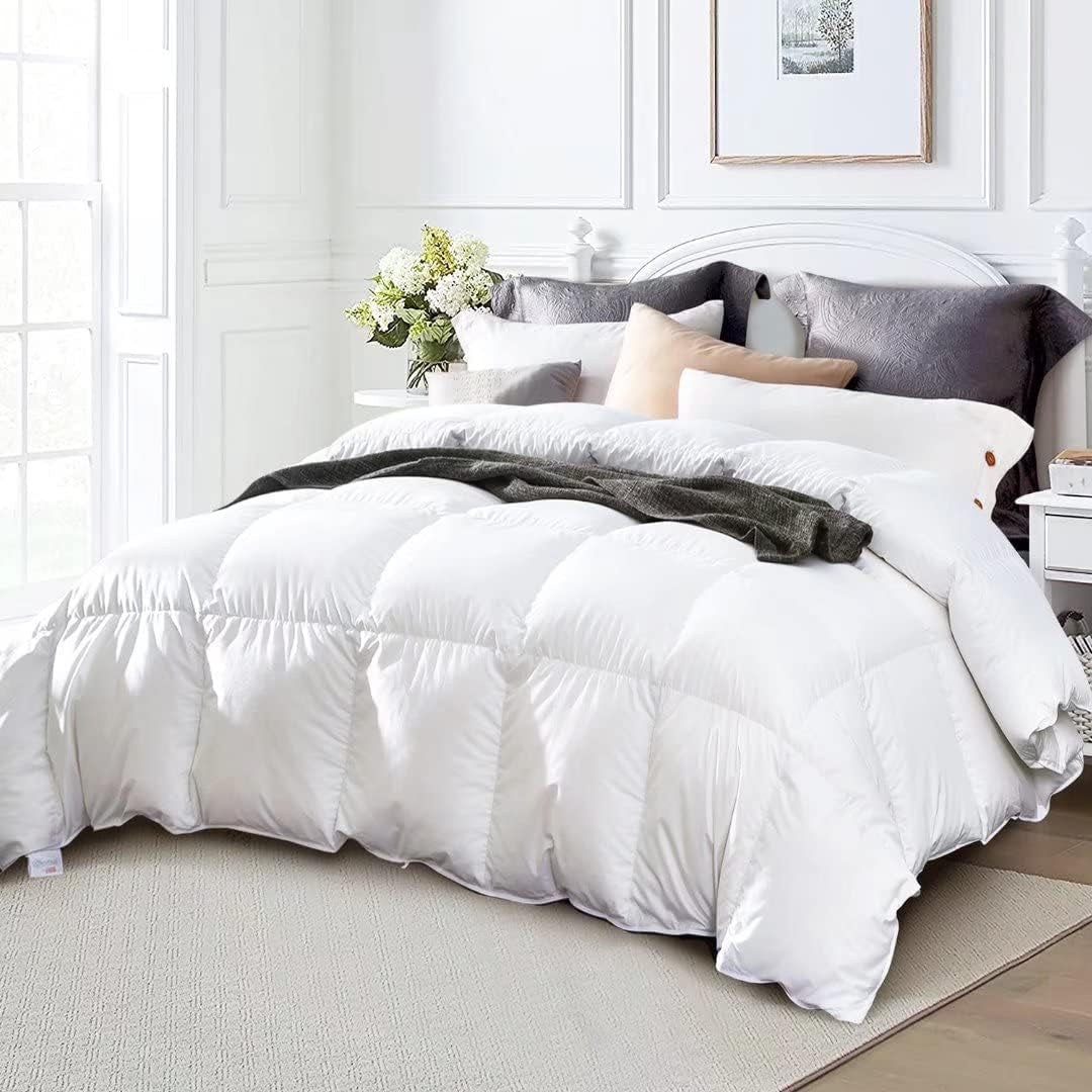 King Size Down Comforter - All-Season Duvet Insert with Medium Warmth, Soft Noiseless Shell, 8 Corner Tabs, and Machine Washable - White