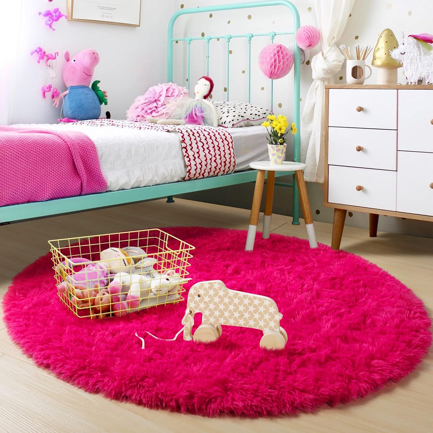 4Ft Hot Pink Round Rug - Fluffy Circle Area Rug for Girls' Bedroom, Aesthetic Shag Plush Carpet for Kids' Room, Living Room, Nursery, Dorm, Classroom, and Teen Spaces