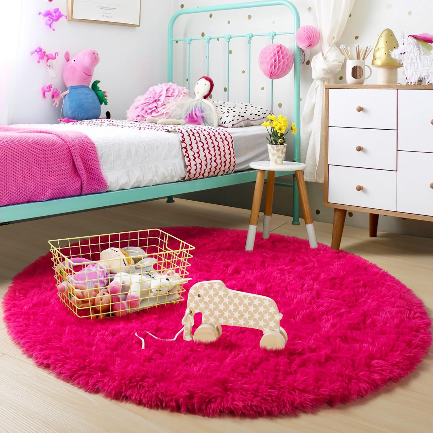 4Ft Hot Pink Round Rug - Fluffy Circle Area Rug for Girls' Bedroom, Aesthetic Shag Plush Carpet for Kids' Room, Living Room, Nursery, Dorm, Classroom, and Teen Spaces