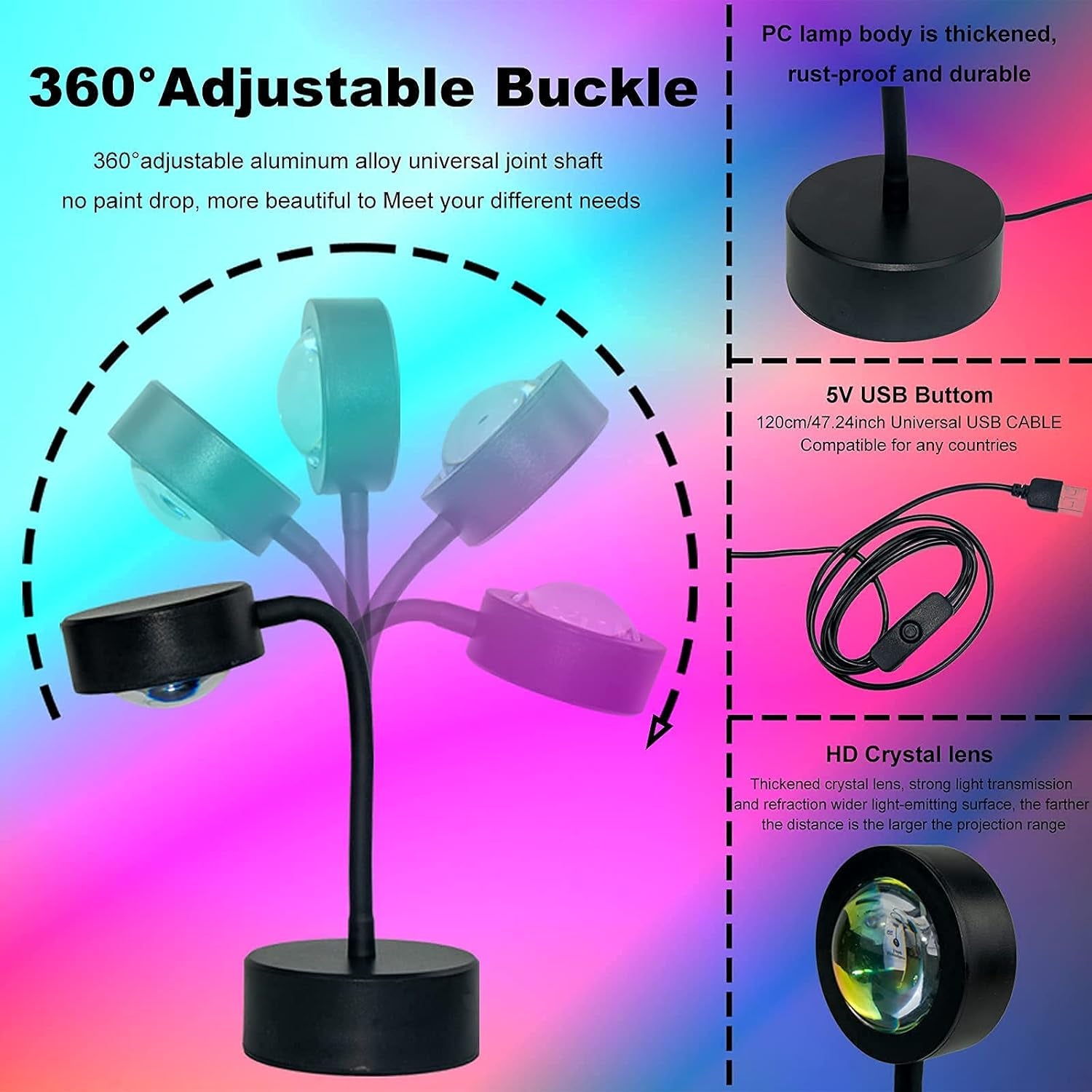 Sunset Projection LED Floor Lamp with 360-Degree Rotation, Rainbow Projector Night Light for Bedroom and Living Room Decor (USB Powered)