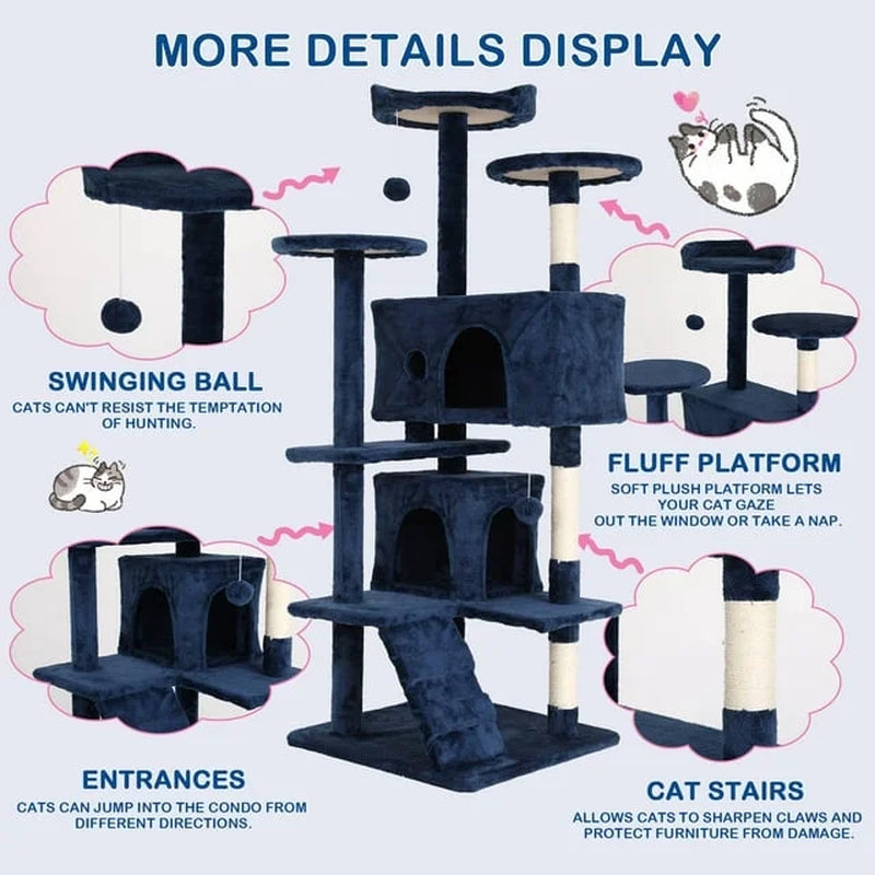54-Inch Cat Tree Tower for Large Cats - Cat Climbing Structure with Scratching Post and Play Features for Kittens (Navy Blue)