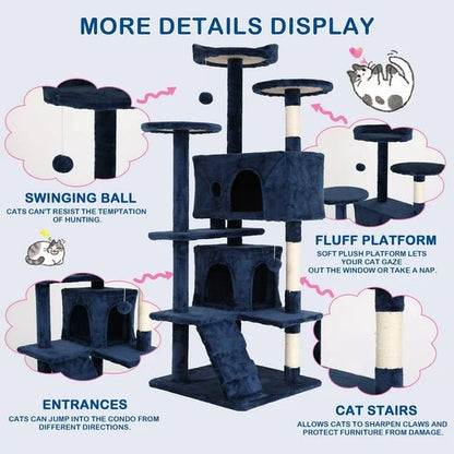 54-Inch Cat Tree Tower for Large Cats - Cat Climbing Structure with Scratching Post and Play Features for Kittens (Navy Blue)