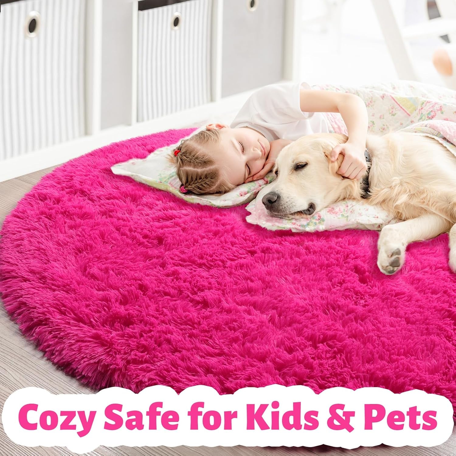 4Ft Hot Pink Round Rug - Fluffy Circle Area Rug for Girls' Bedroom, Aesthetic Shag Plush Carpet for Kids' Room, Living Room, Nursery, Dorm, Classroom, and Teen Spaces