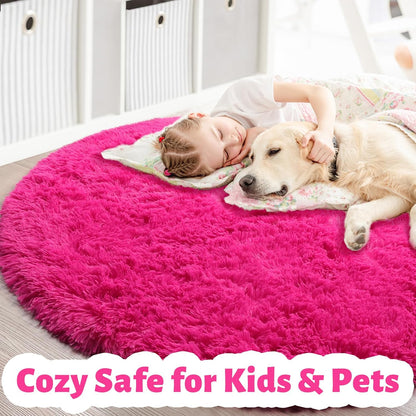 4Ft Hot Pink Round Rug - Fluffy Circle Area Rug for Girls' Bedroom, Aesthetic Shag Plush Carpet for Kids' Room, Living Room, Nursery, Dorm, Classroom, and Teen Spaces