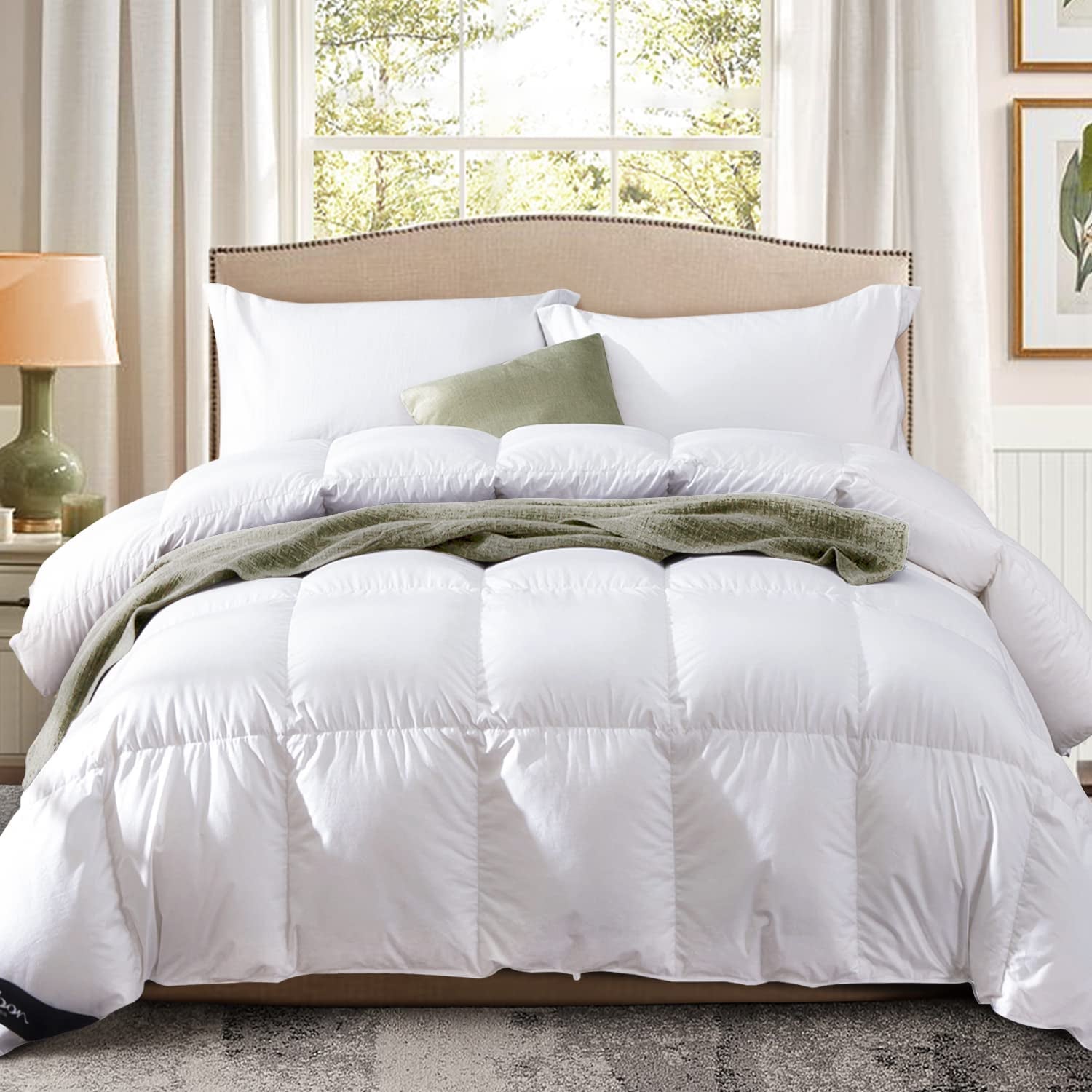 King Size Down Comforter - All-Season Duvet Insert with Medium Warmth, Soft Noiseless Shell, 8 Corner Tabs, and Machine Washable - White