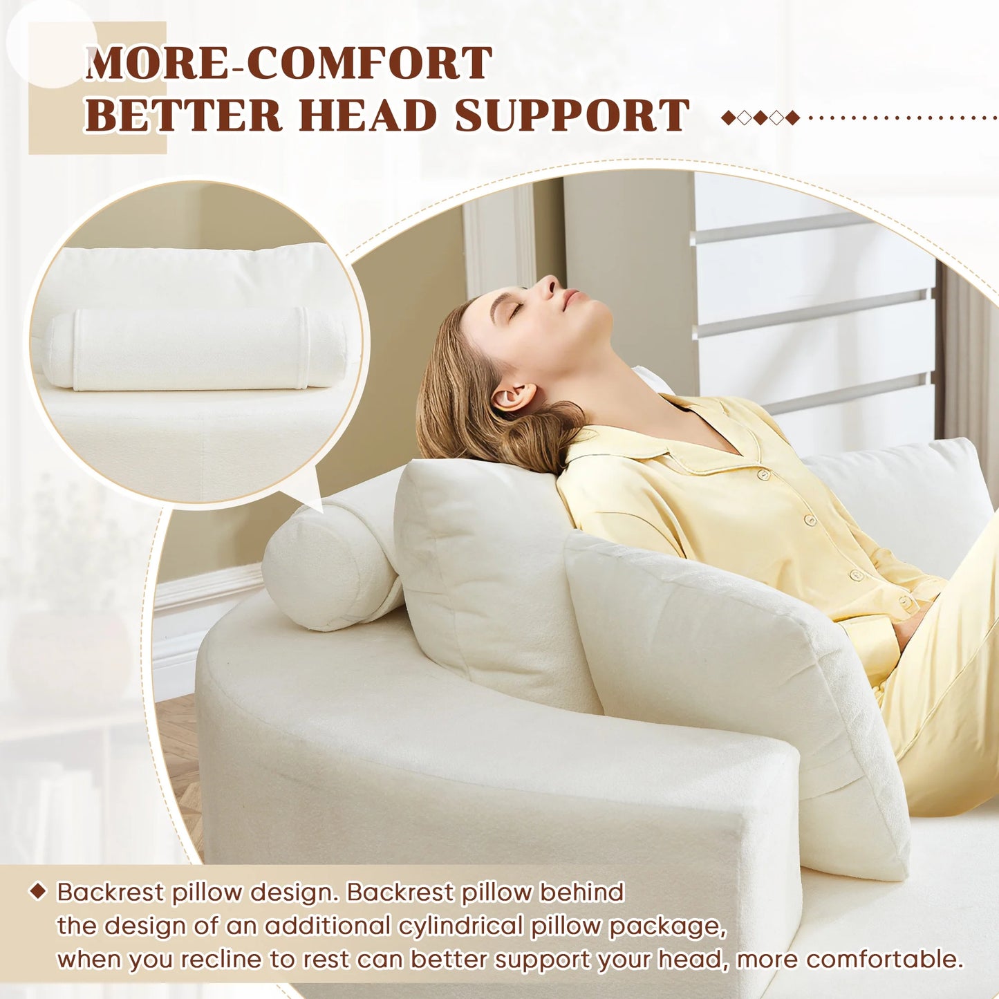 Oversized Round Lounge Chaise Chair - Corduroy Boneless Cloud Couch with 3 Pillows, No Assembly Required, Modern Accent Chair for Living Room in Beige Chenille