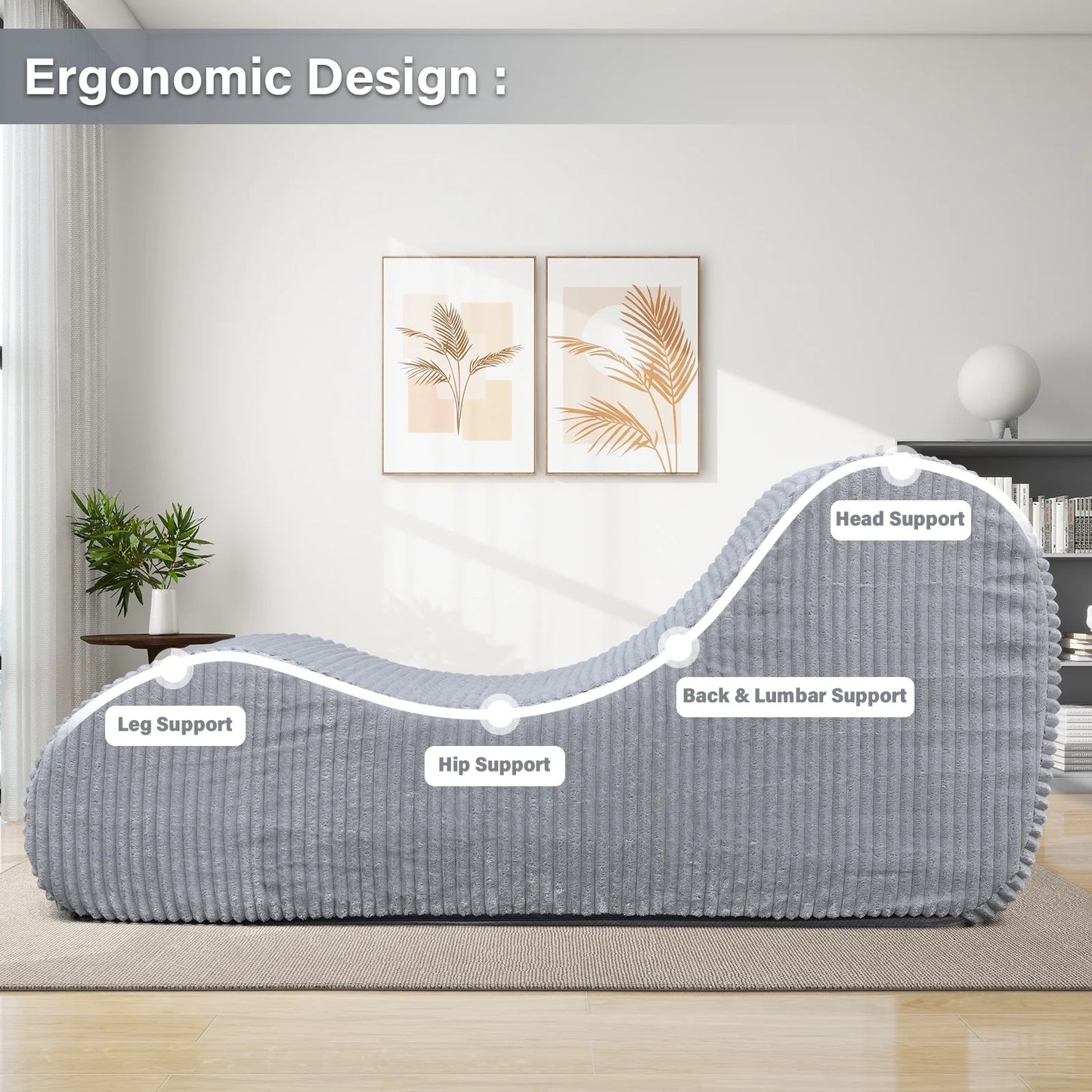 Oversized Gray Indoor Chaise Lounge Chair - Plush Sofa for Living Room and Bedroom, No Assembly Required