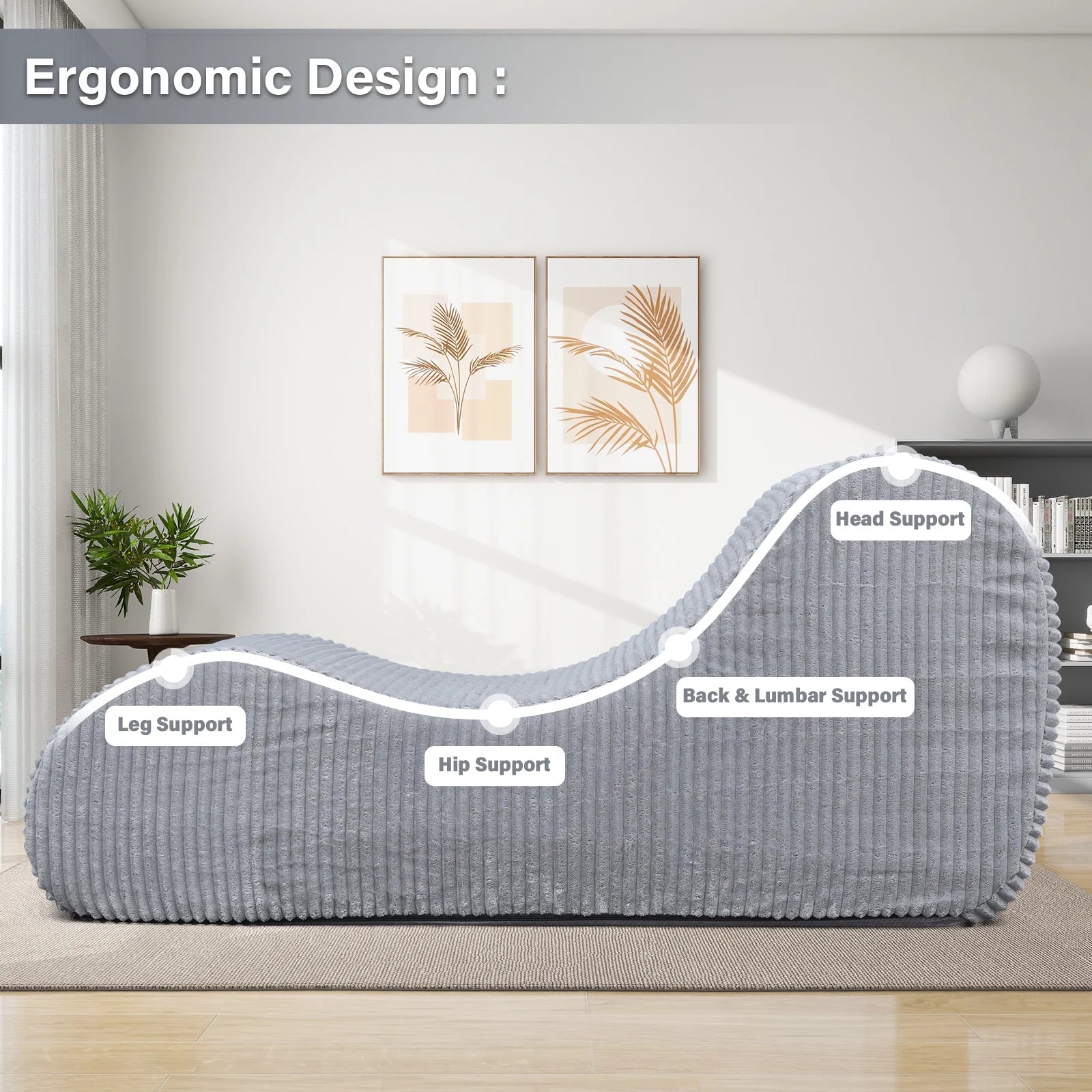 Oversized Gray Indoor Chaise Lounge Chair - Plush Sofa for Living Room and Bedroom, No Assembly Required