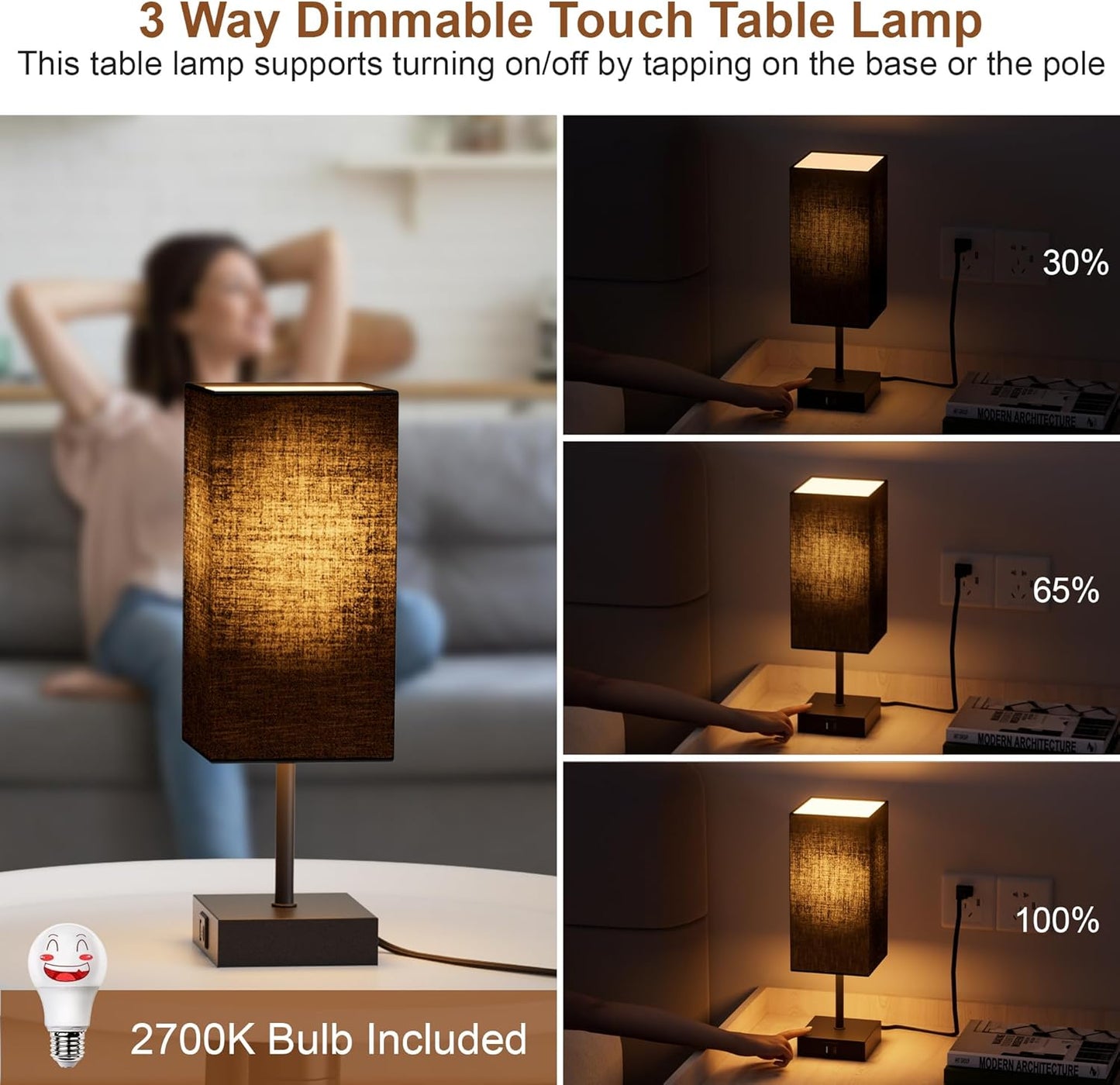 3-Way Dimmable Touch Control Table Lamp with USB Charging Ports - Black Nightstand Lamp for Bedroom, Living Room, and Desk, Includes Bulb
