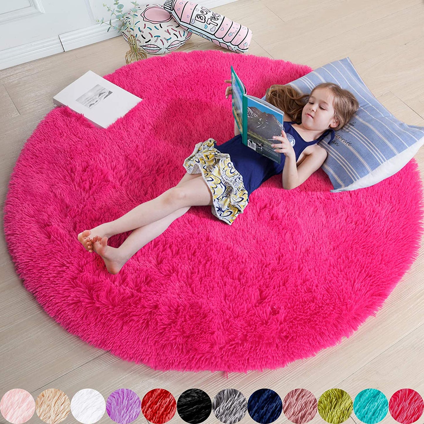 4Ft Hot Pink Round Rug - Fluffy Circle Area Rug for Girls' Bedroom, Aesthetic Shag Plush Carpet for Kids' Room, Living Room, Nursery, Dorm, Classroom, and Teen Spaces