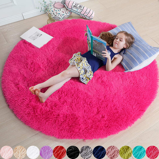 4Ft Hot Pink Round Rug - Fluffy Circle Area Rug for Girls' Bedroom, Aesthetic Shag Plush Carpet for Kids' Room, Living Room, Nursery, Dorm, Classroom, and Teen Spaces